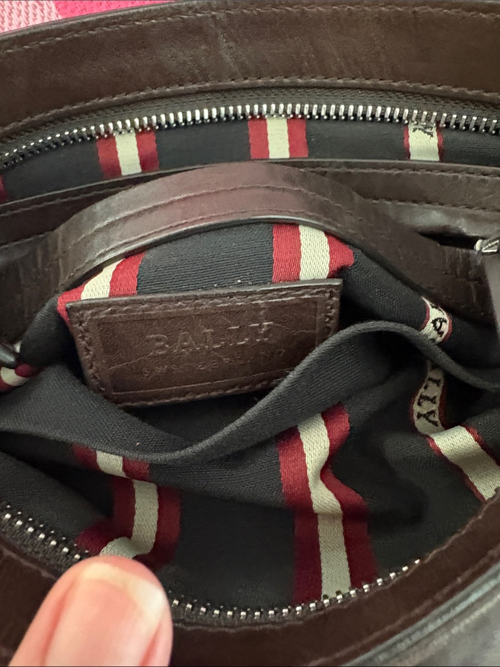 Bally Brown Leather Crossbody with Red and Cream Striped Strap - Picture 8 of 10
